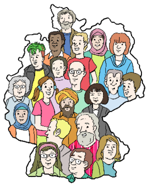 Bild vergr&ouml;&szlig;ern: Leichte Sprache Deutschlandkarte mit Menschen © Lebenshilfe für Menschen mit geistiger Behinderung Bremen e.V., Illustrator Stefan Albers