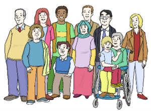 Bild vergr&ouml;&szlig;ern: Leichte SpracheGruppierung von Menschen  © Lebenshilfe für Menschen mit geistiger Behinderung Bremen e.V., Illustrator Stefan Albers