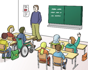 Bild vergr&ouml;&szlig;ern: Leichte Sprache Klassenzimmer  © Lebenshilfe für Menschen mit geistiger Behinderung Bremen e.V., Illustrator Stefan Albers
