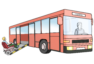 Bild vergr&ouml;&szlig;ern: Leichte Sprache Junge im Rollstuhl steigt in den Bus ein  © Lebenshilfe für Menschen mit geistiger Behinderung Bremen e.V., Illustrator Stefan Albers