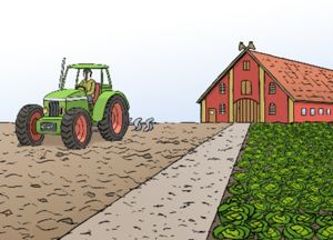 Bild vergr&ouml;&szlig;ern: Leichte Sprache Traktor mit Scheune © Lebenshilfe für Menschen mit geistiger Behinderung Bremen e.V., Illustrator Stefan Albers