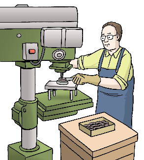 Leichte Sprache Mann steht an einer Maschine  © Lebenshilfe für Menschen mit geistiger Behinderung Bremen e.V., Illustrator Stefan Albers