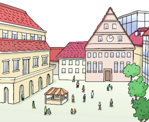 Bild vergr&ouml;&szlig;ern: Leichte Sprache Stadt Marktplatz  © Lebenshilfe für Menschen mit geistiger Behinderung Bremen e.V., Illustrator Stefan Albers