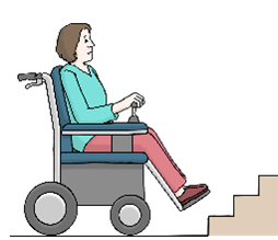 Leichte Sprache Frau im Rollstuhl vor Treppe  © Lebenshilfe für Menschen mit geistiger Behinderung Bremen e.V., Illustrator Stefan Albers