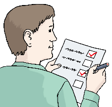 Leichte Sprache Mann mit Liste  © Lebenshilfe für Menschen mit geistiger Behinderung Bremen e.V., Illustrator Stefan Albers
