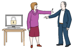 Bild vergr&ouml;&szlig;ern: Leichte Sprache Frau stellt sich vor den Monitor © Lebenshilfe für Menschen mit geistiger Behinderung Bremen e.V., Illustrator Stefan Albers
