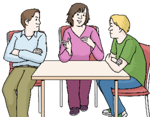 Bild vergr&ouml;&szlig;ern: Leichte Sprache Frau und zwei Männer am Tisch © Lebenshilfe für Menschen mit geistiger Behinderung Bremen e.V., Illustrator Stefan Albers