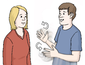Bild vergr&ouml;&szlig;ern: Leichte Sprache Mann kommuniziert in Gebärdensprache mit Frau  © Lebenshilfe für Menschen mit geistiger Behinderung Bremen e.V., Illustrator Stefan Albers
