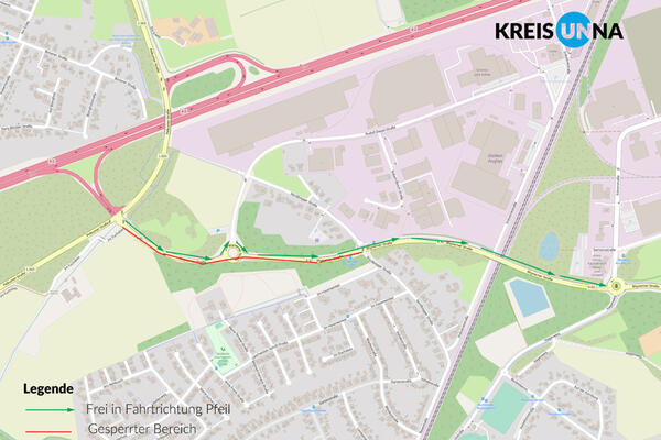 Die Umleitung verläuft die Rhynerner Straße/Unnaer Straße bis nach Rhynern zur Kreuzung Unnaer Straße/Werler Straße. An der Kreuzung wird nach rechts auf die Werler Straße abgebogen, wo auf die A2 in Richtung Hannover aufgefahren werden kann.