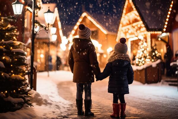 Children holding hands in beautiful village of houses in the snow decorated for Christmas Eve.