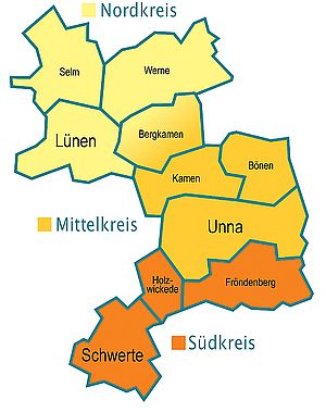 Karte des Kreises Unna mit dem Nord Mittel und Südkreis